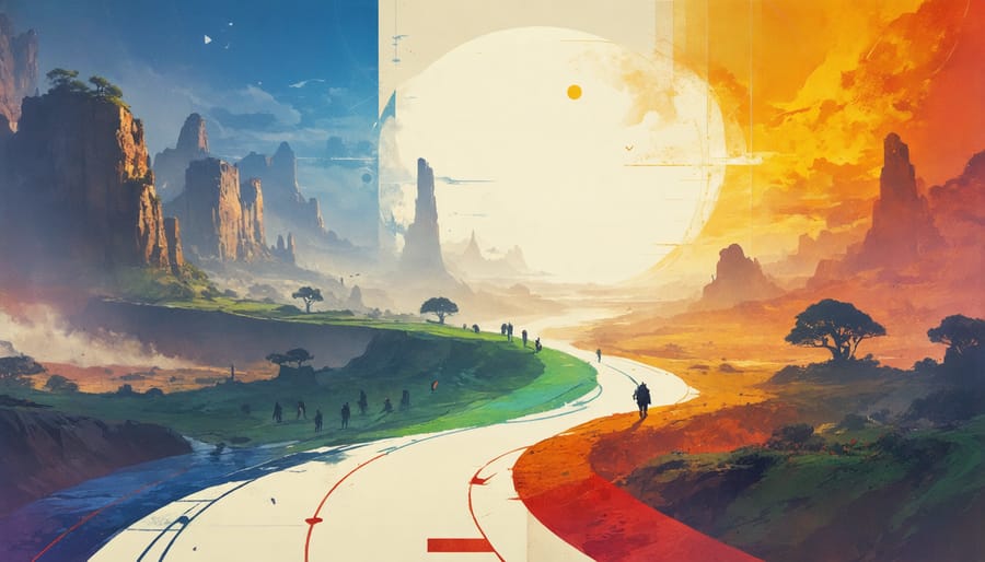 Circular diagram depicting the hero's journey stages with video game characters and symbols