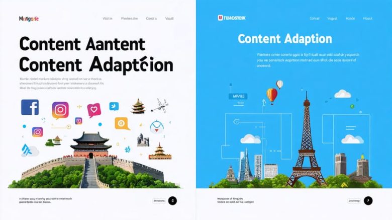 A split-screen illustration comparing a marketing campaign adapted for Western and Asian markets, highlighting cultural differences and global content strategy.