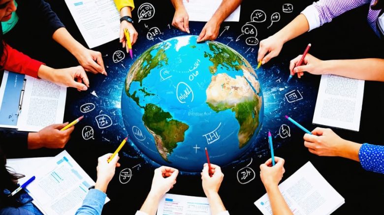 Diverse group of individuals collaborating around a globe-shaped table with speech bubbles in various languages, symbolizing global content creation and cross-cultural communication.