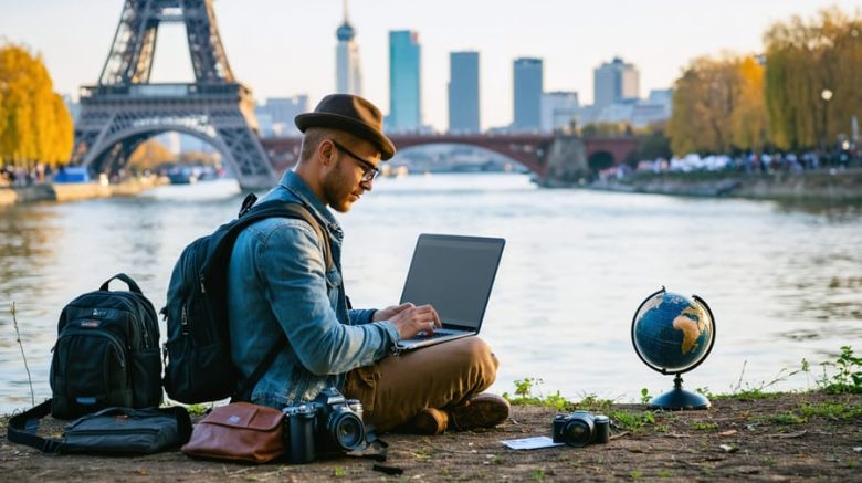 A digital nomad writer working by a riverbank with a laptop and travel accessories, blending iconic world landmarks in the background to signify global connectivity and adventure.