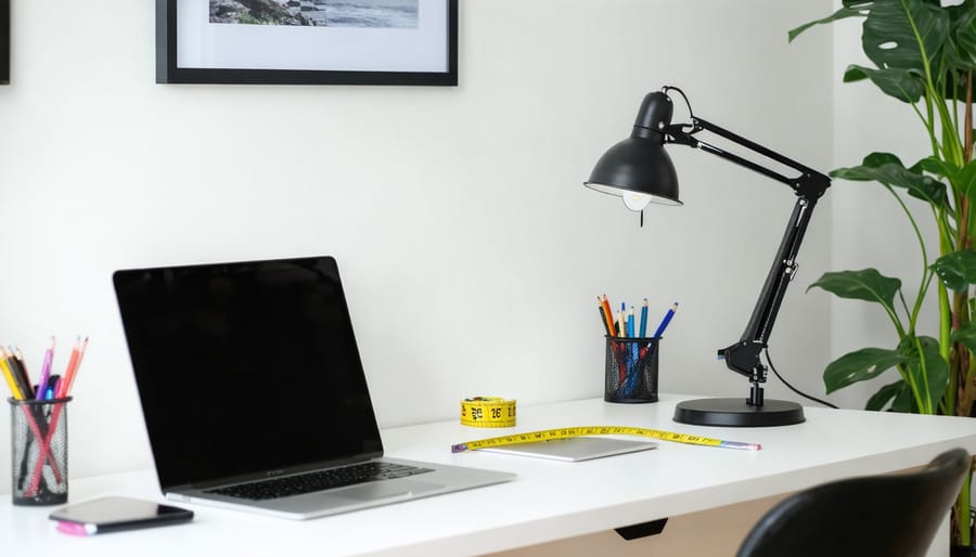 Home office workspace showing measurement calculation for tax deduction purposes
