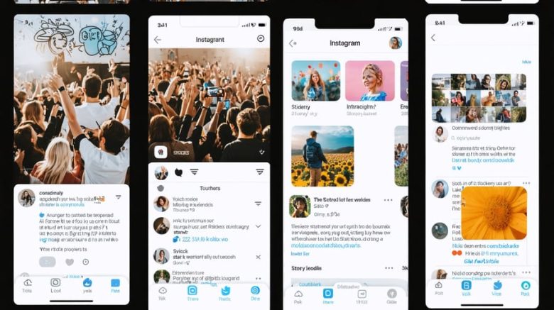 Collage of social media interfaces showing interactive elements like Instagram polls and Twitter threads, representing a community engagement in storytelling.