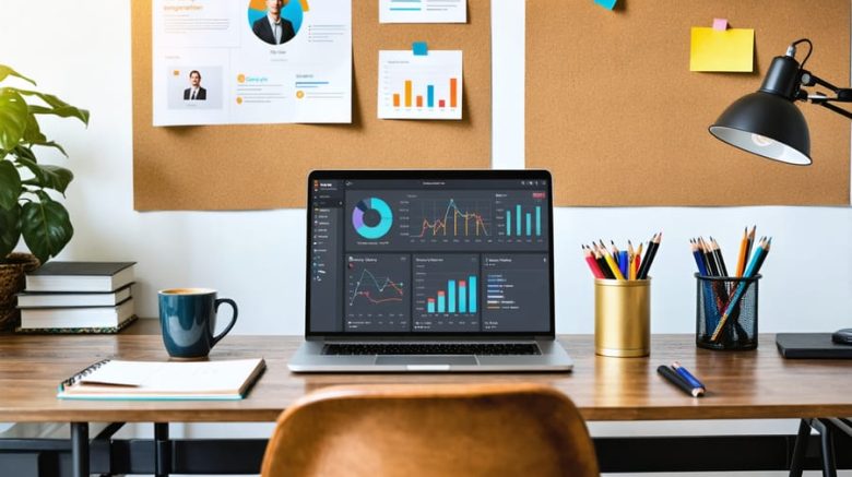 A freelance writer's organized workspace featuring client profiles, personalized style guides, and a laptop showing content management tools, signifying the art of personalized content creation in the writing profession.