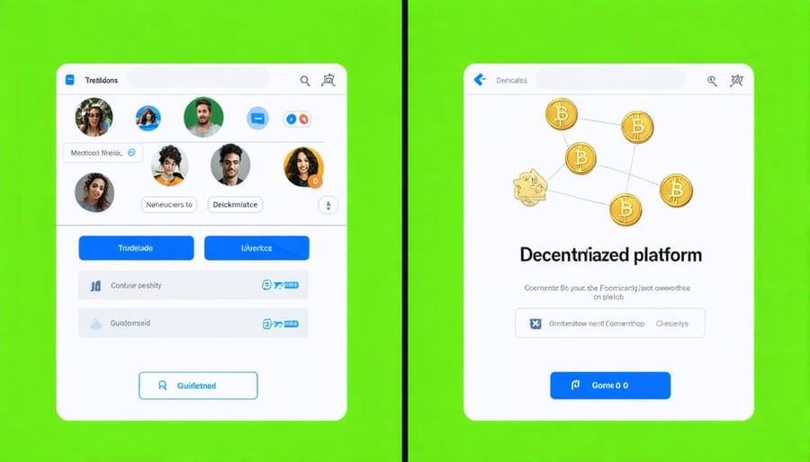 Comparison of centralized and decentralized social media interfaces highlighting content ownership features