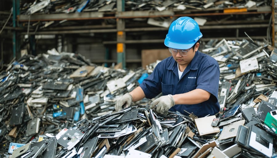 Professional recycling technician safely dismantling electronic devices at recycling center