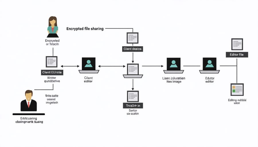 Secure workflow diagram illustrating protected content sharing between writing professionals