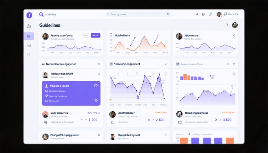 Social media analytics dashboard displaying engagement rates, interaction metrics, and performance charts
