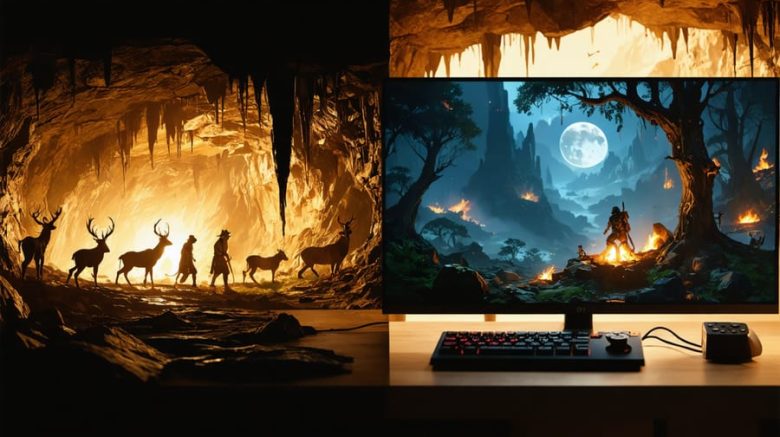 Split-screen image illustrating the connection between ancient storytelling through cave paintings and modern video gaming. One side features a glowing campfire illuminating cave art of a hunting scene, while the other displays a video game character in a hunting adventure.