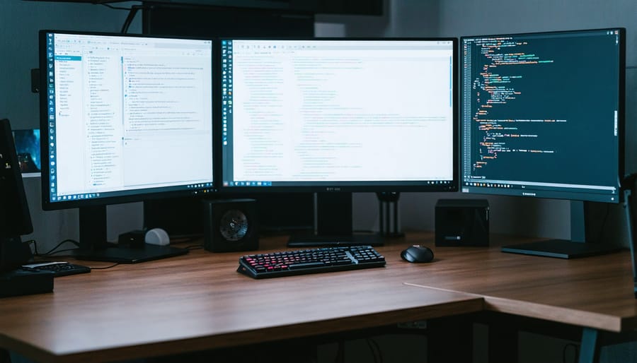 Technical writer working on software documentation with multiple screen setup