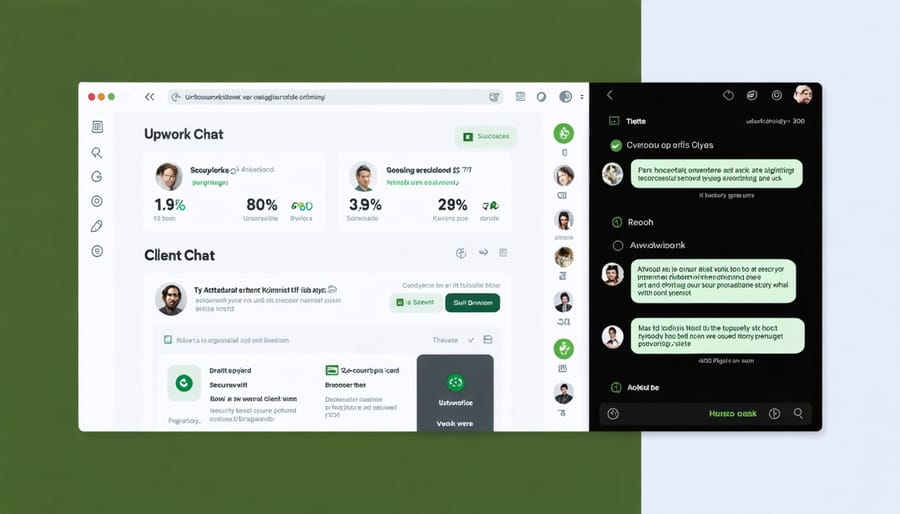 Upwork freelancer profile with positive metrics and active client discussion