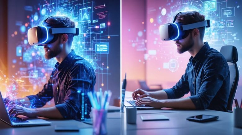 A writer engaged with virtual reality content on one side, and augmented reality overlays on a real-world desk on the other, symbolizing the convergence of VR and AR in modern content creation.