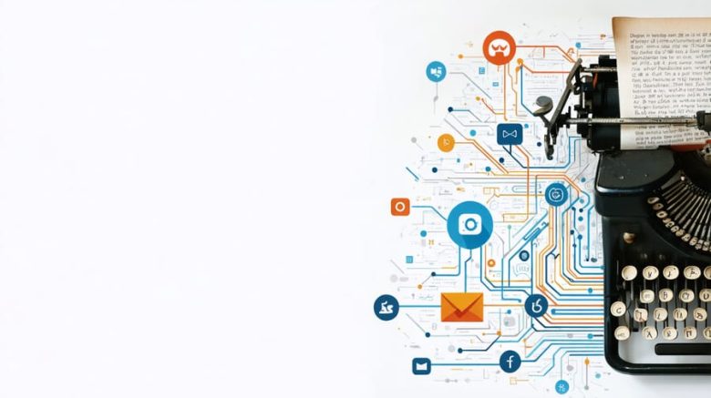 Collage illustrating modern writer-reader interactions with elements from Discord, Substack, and Wattpad, connected by digital arrows, set against a backdrop melding traditional and digital writing environments.