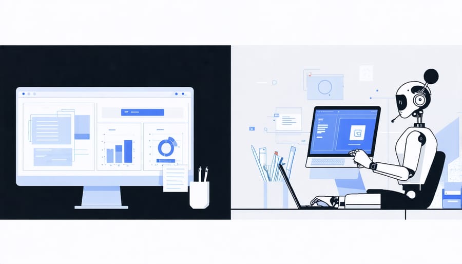Side-by-side comparison of AI writing assistant and creative professional at work