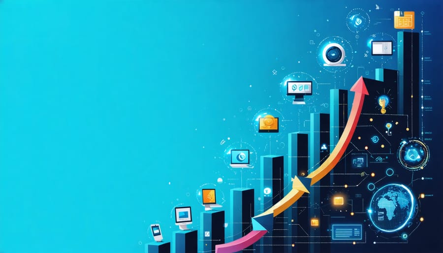 Visual representation of business growth metrics with AI integration symbols