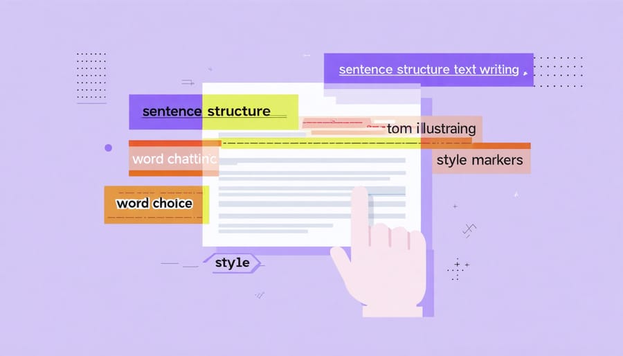 AI system analyzing writing patterns and style characteristics with highlighted text elements