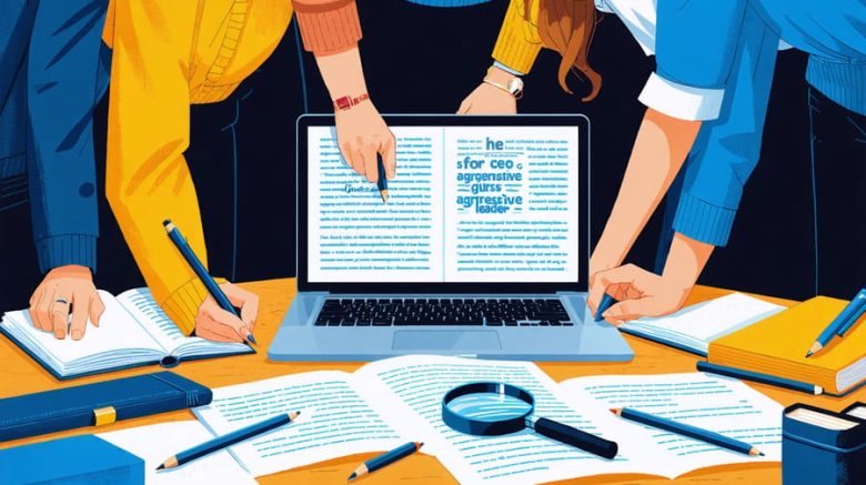 An illustration of writers examining AI-generated text for algorithmic biases, with highlighted gender-biased and stereotypical words, emphasizing the need for critical analysis in writing.