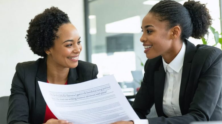 A professional freelance writer discussing with a client, showcasing a paper with a testimonial quote, symbolizing successful collaboration in a stylish office environment.