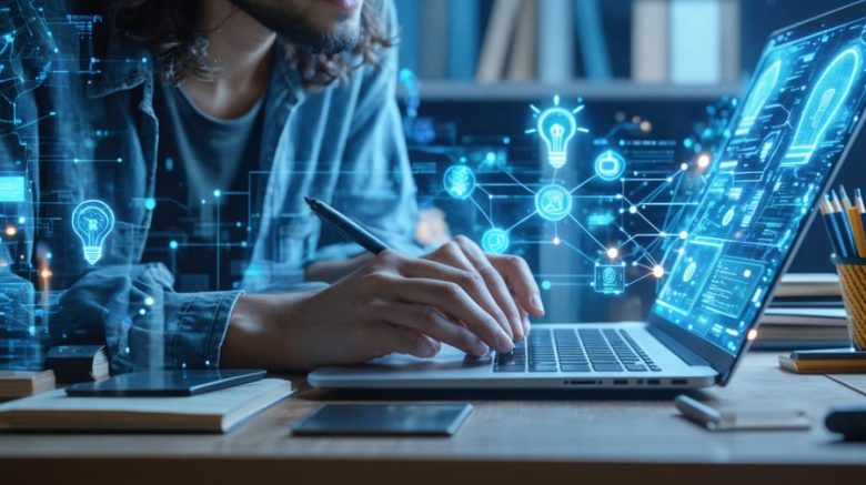 An illustration of a human writer and an AI assistant collaboratively creating content at a desk, symbolizing the partnership and innovation in writing with AI tools.