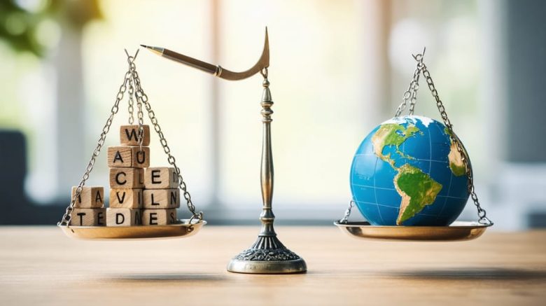 A conceptual depiction of a balanced scale with cultural symbols and words on one side, and a pen with a globe on the other, representing the harmony between respecting cultural language significance and engaging in global freelancing.