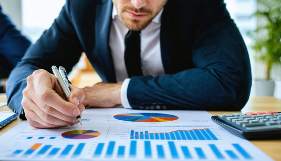 Financial advisor reviewing financial documents with a writing agency owner