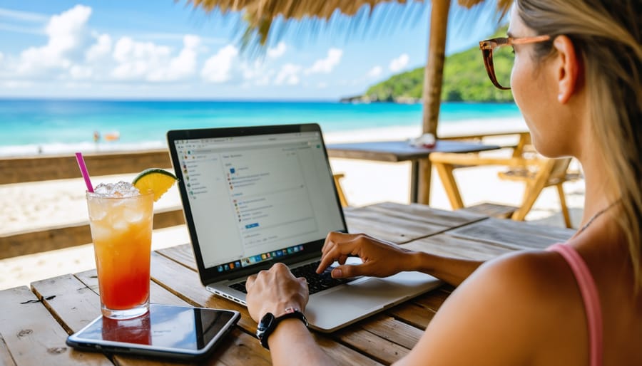 Remote worker balancing professional tasks with leisure at a beach destination
