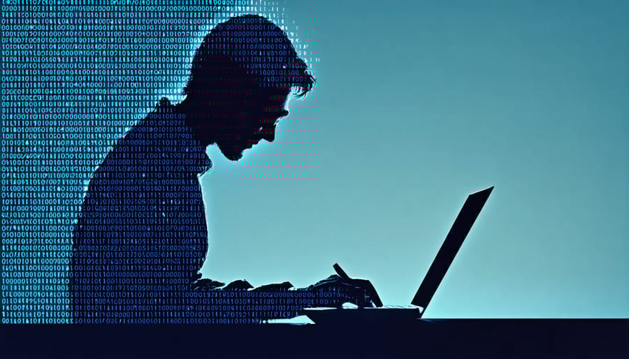 Abstract illustration showing digital footprints made of ones and zeros leading from a writer working at their computer