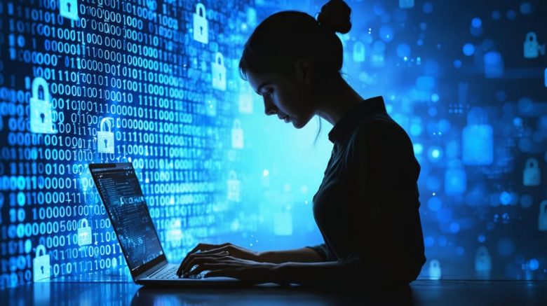 Conceptual illustration showing a writer's silhouette at a laptop surrounded by binary code footprints with locks symbolizing digital privacy and protection.