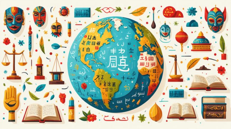 Illustration depicting a globe surrounded by an array of writing symbols from different languages and cultural icons, with elements of ethical guides and legal symbols interwoven.