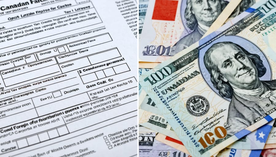 Canadian dollars and foreign currency next to tax documentation