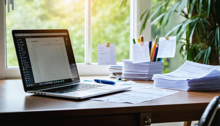 Organized home office workspace with tax documentation and receipts for freelance business