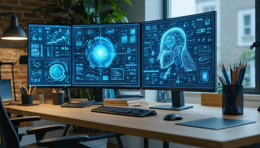 Freelance writer using multiple AI writing tools on desktop setup