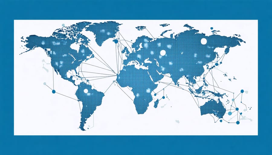 Global map showing interconnected regulatory compliance centers across continents