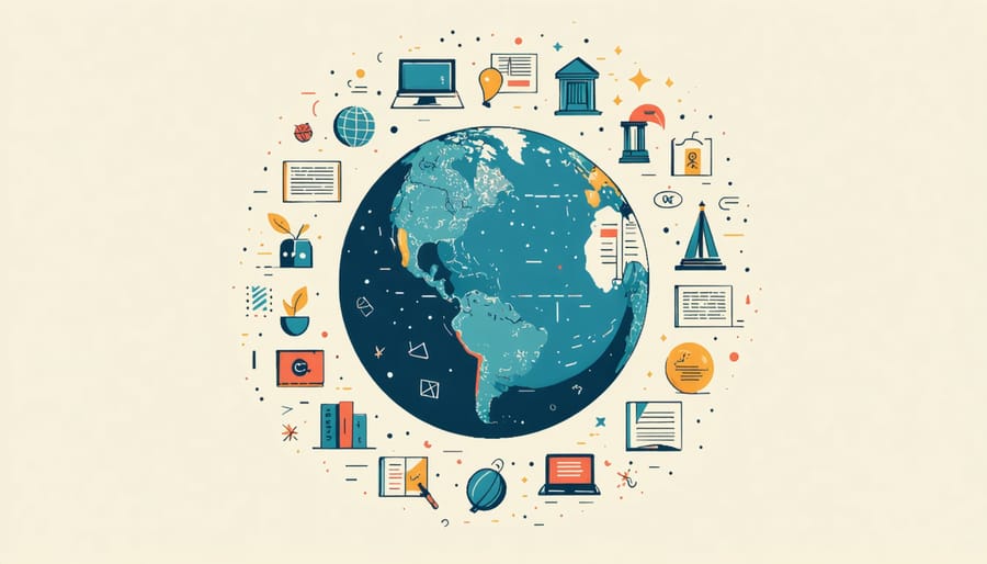 Illustration showing a globe with writing symbols from different languages and cultural elements flowing around it