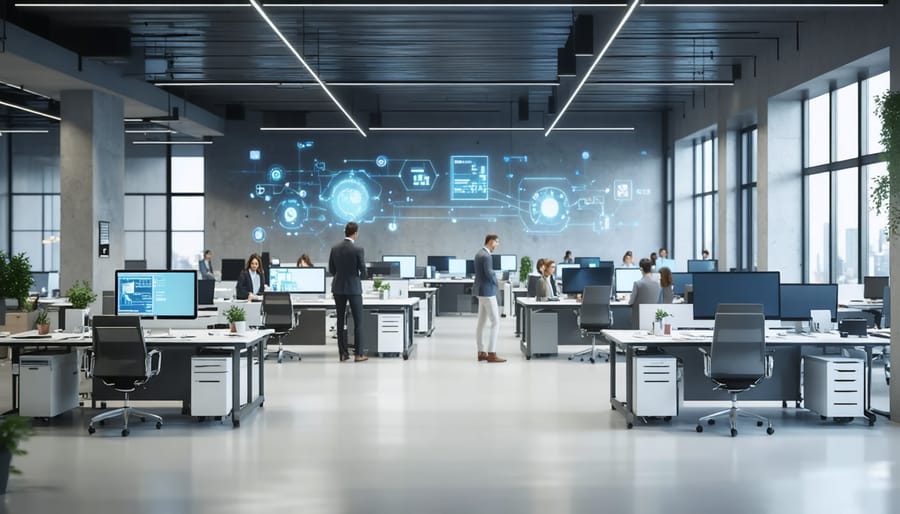 Hybrid office environment with both in-person and remote workers collaborating