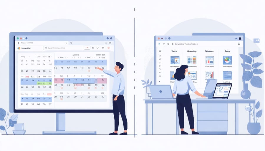 Visual representation of coordinated hybrid work schedules and team collaboration
