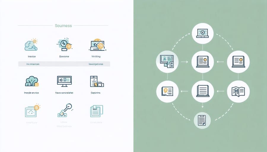 Visual representation of diverse writing income streams including content writing, copywriting, and technical writing