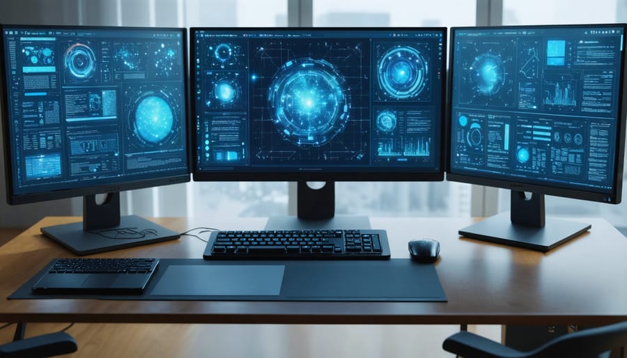 Modern workspace setup with multiple monitors displaying various AI writing assistance tools