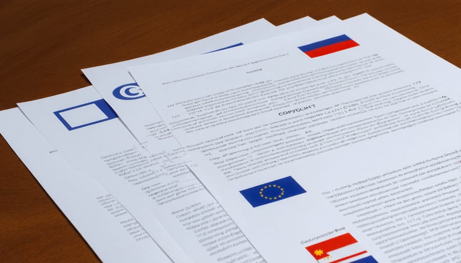 Legal documents with copyright symbols and international flags representing global copyright laws