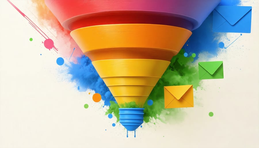 Digital marketing funnel showing email campaigns leading to landing page conversions