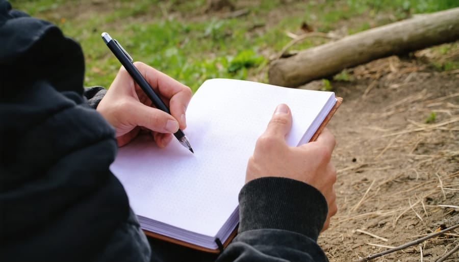 Creative professional working offline in nature with traditional writing tools
