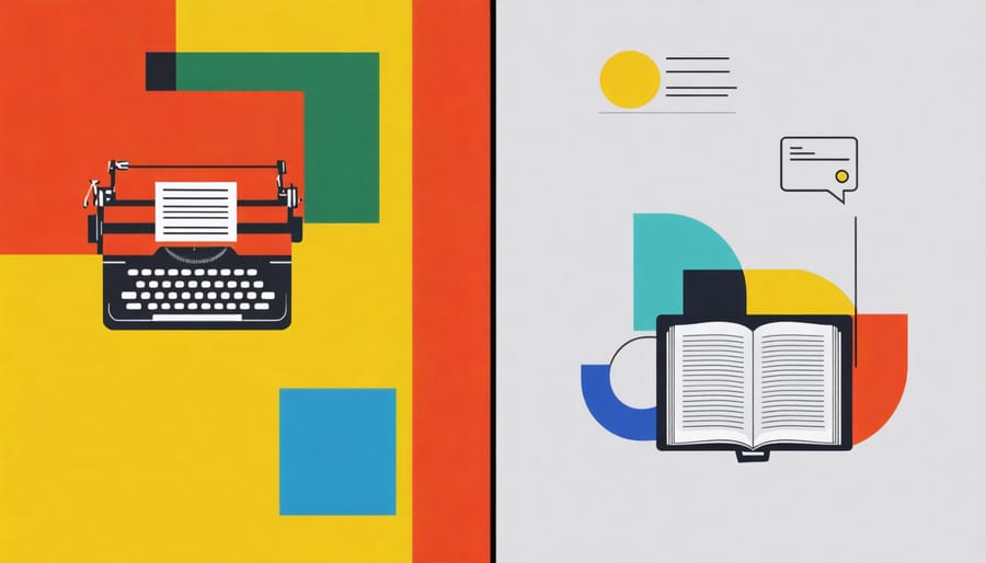Side-by-side comparison of personal and professional writing environments with privacy symbols and boundaries