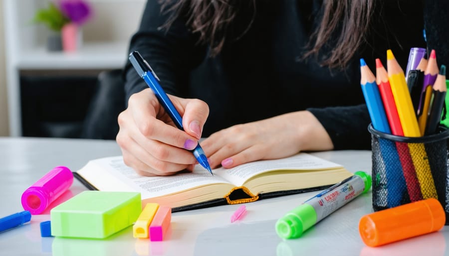 Individual engaged in reflective journal writing with colorful writing tools