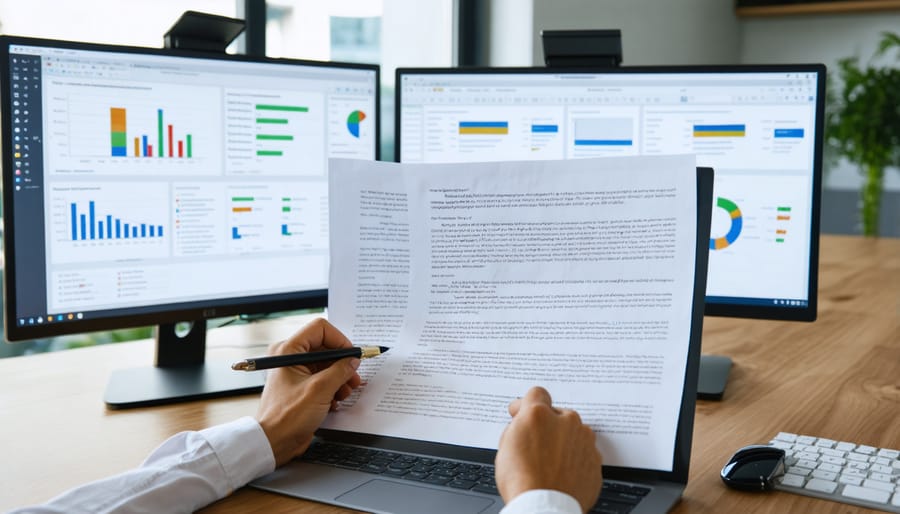 Regulatory writer analyzing compliance documents on multiple computer screens