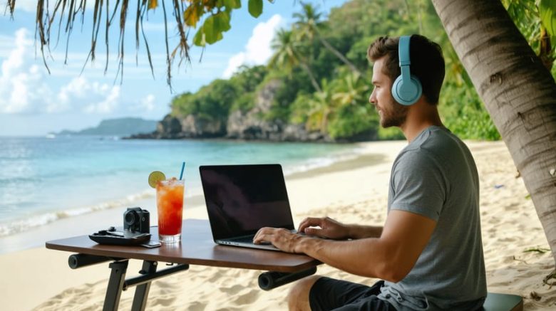 "A digital nomad seamlessly blending work and leisure at a beachside desk setup, representing the harmony of work-life integration."