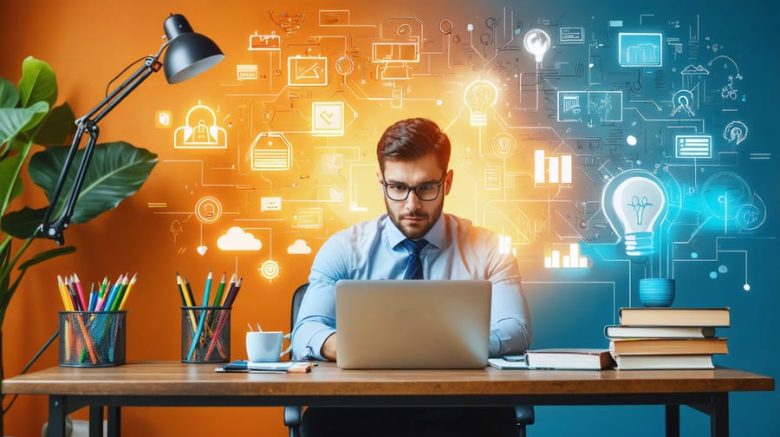 Conceptual depiction of psychological resilience in freelance remote work, showcasing a writer balancing tasks while building mental strength and maintaining a healthy work-life balance.