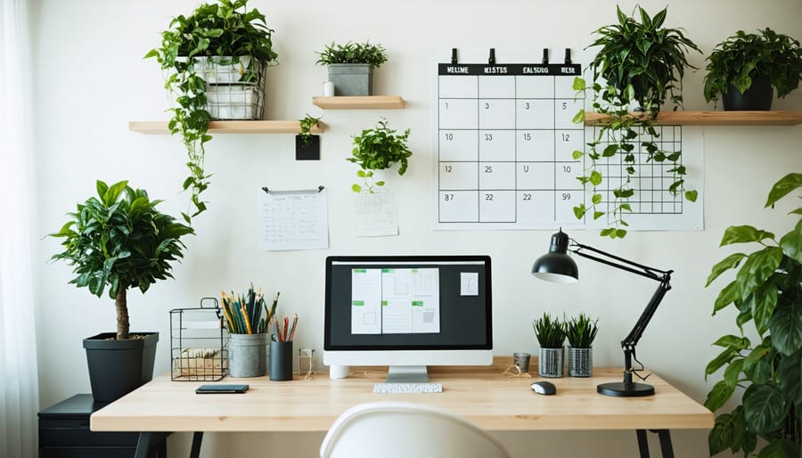 Well-structured home office highlighting elements of healthy remote work routine