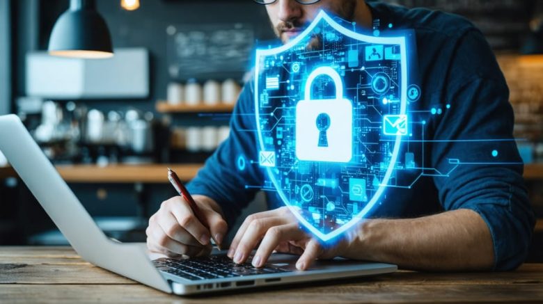 A writer using a laptop surrounded by a digital shield, symbolizing online privacy protection in a freelance writing setting.