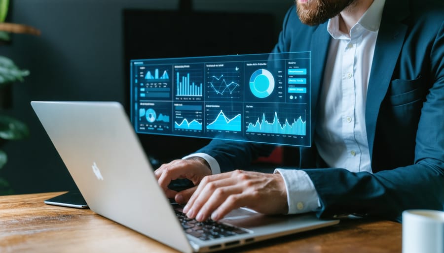 Freelance writer analyzing SEO performance metrics on laptop screen