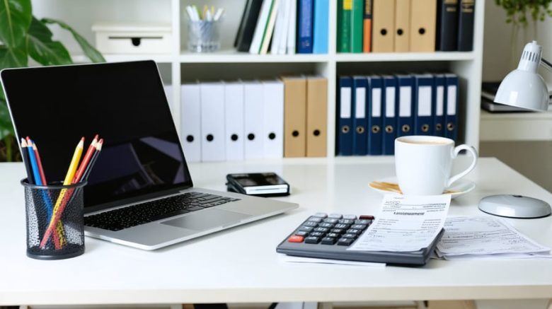 A well-organized home office setup featuring a laptop, labeled receipts, a calculator, and a coffee cup, highlighting smart tax strategies for freelance writers.