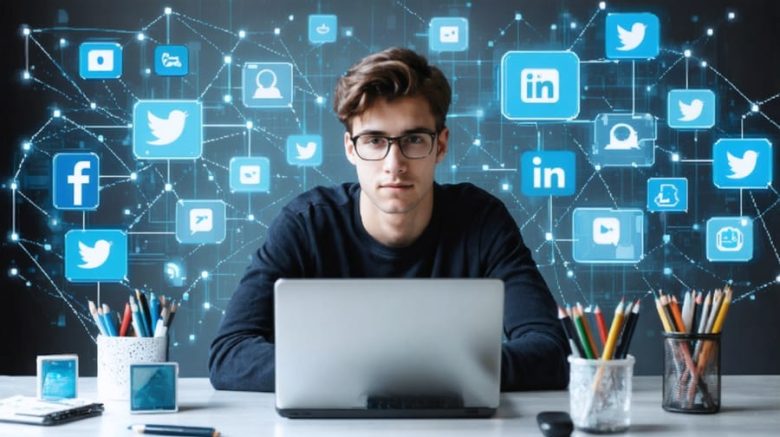Young writer using a laptop, surrounded by icons of social media and writing platforms, illustrating the concept of building a professional network online.